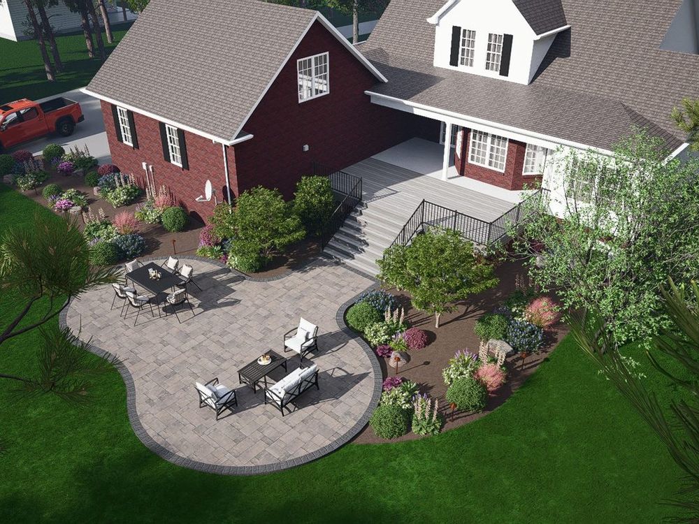 3D design of a paver patio with plantings