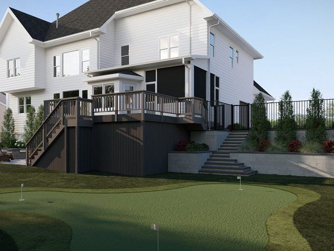3D design of a backyard with synthetic turf and a putting green