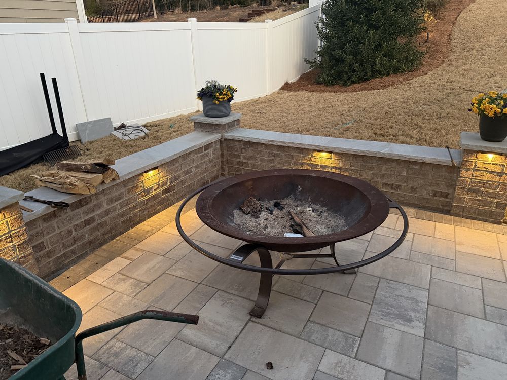 Paver patio with seat wall and fire pit